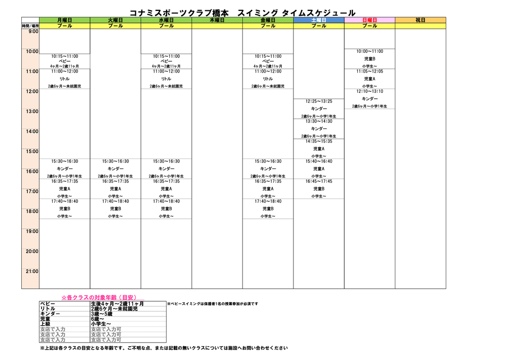 コナミスポーツクラブ橋本 スイミング タイムスケジュール