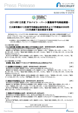 2014年 12月度 アルバイト・パート募集時平均時給調査