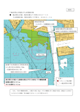 航泊禁止区域及び入水規制区域 航泊禁止区域：現在位置より半径300