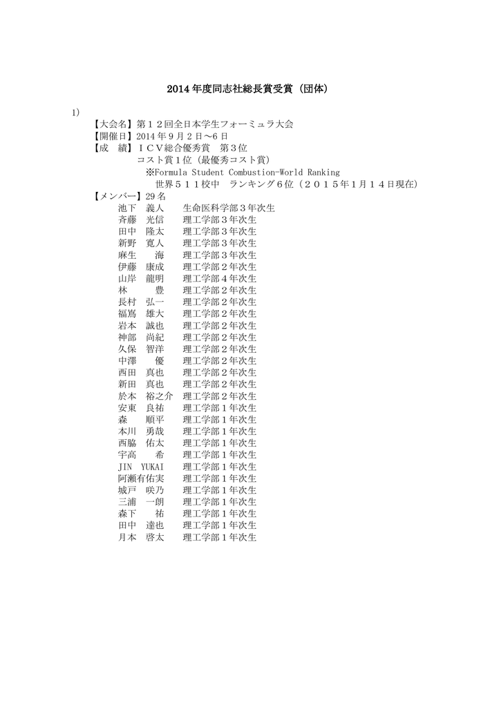 2014年度同志社総長賞受賞者