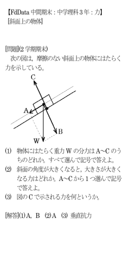 【FdData中間期末：中学理科3年：力】 [斜面上の物体] [問題](2学期期末