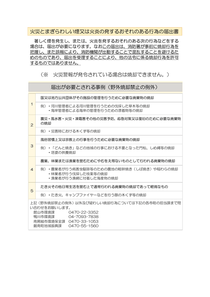 火災とまぎらわしい煙又は火炎の発するおそれのある行為の届出書