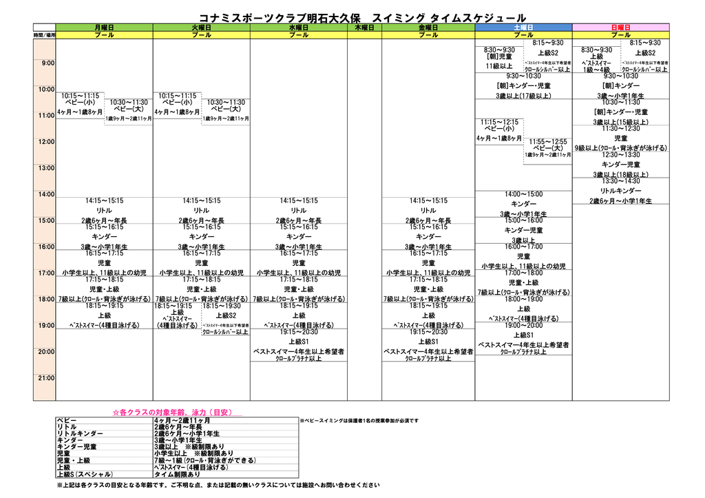 コナミスポーツクラブ明石大久保 スイミング タイムスケジュール