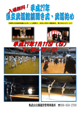 沖縄県武道連絡協議会会長による鏡開き、武道 8 団体の模範演武、稽古