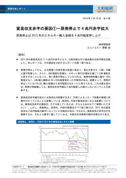 貿易収支赤字の要因①～原発停止で4 兆円赤字拡大
