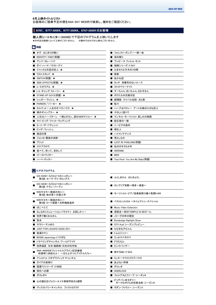 6月上映タイトルリスト お客様のご搭乗予定の便をana Sky Web内で