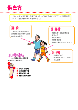 ウォーキングに慣れるまでは，ゆっくりでもよいので正しい姿勢を保 つこと