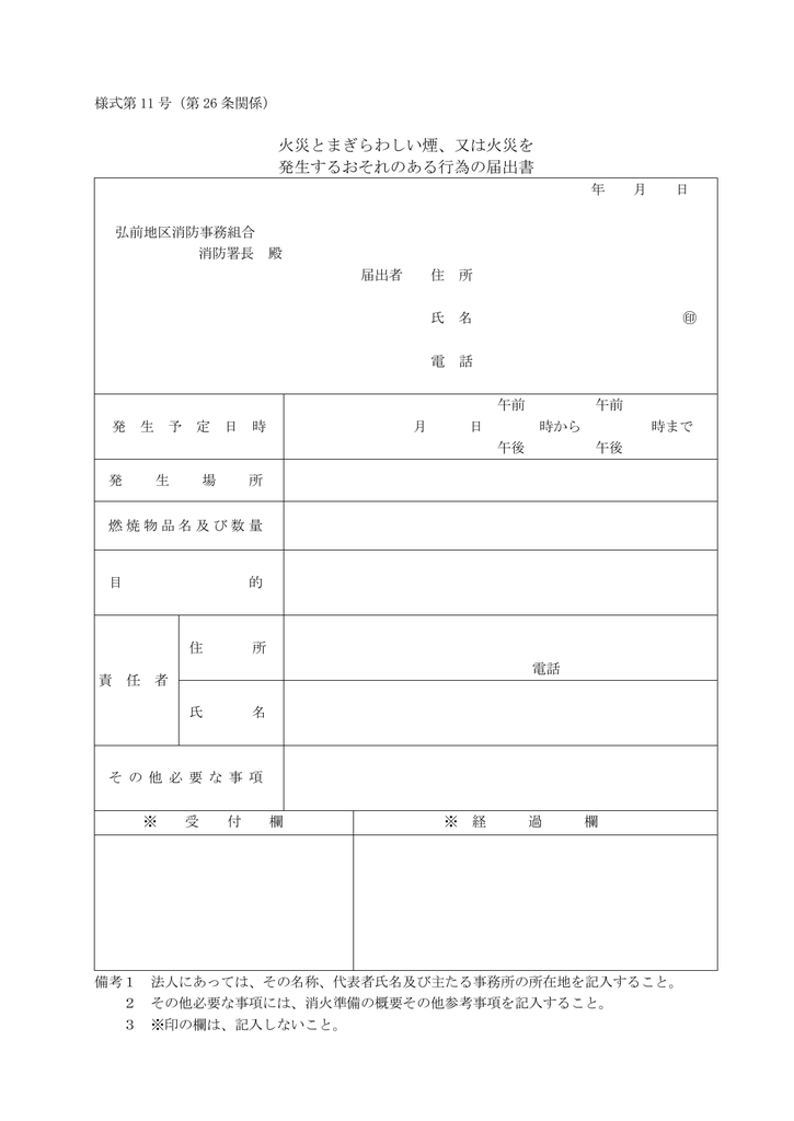 火災とまぎらわしい煙 又は火災を 発生するおそれのある行為の届出書