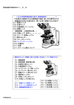 ＜正立明視野顕微鏡の基本：顕微鏡番号＿＿＿＿＿＞ 下記部位と稼動
