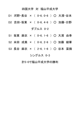 D1 河野・長谷 × ( 0-6，0-6 ) 大濱・谷本 D2 吉田・坂東 × ( 0-6，4