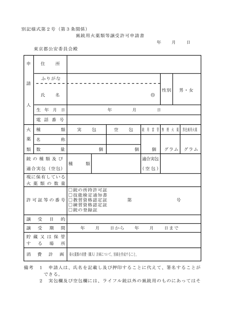 別記様式第2号 第3条関係 猟銃用火薬類等譲受許可申請書