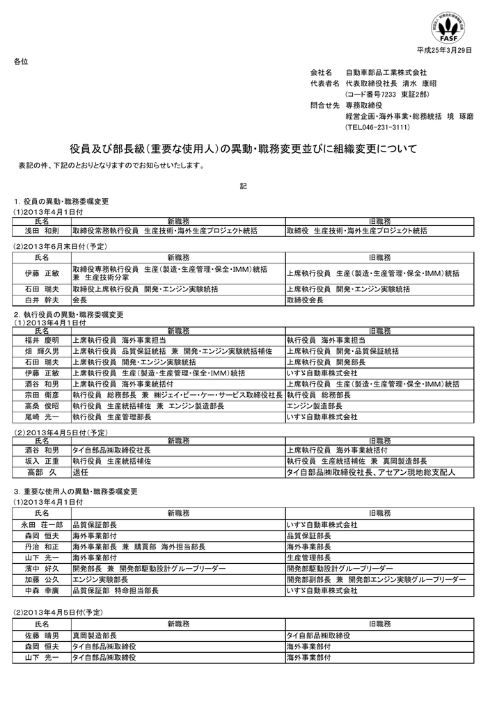 役員及び部長級 重要な使用人 の異動 職務変更並びに組織変更について