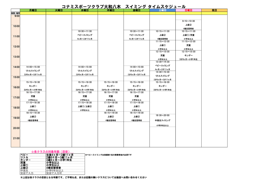 コナミスポーツクラブ大和八木 スイミング タイムスケジュール