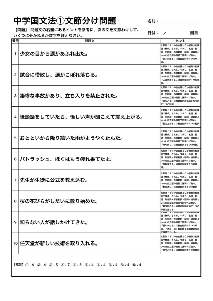 中学国文法 文節分け問題