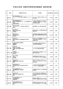 平成26年度 長寿科学研究者支援事業 採択者名簿