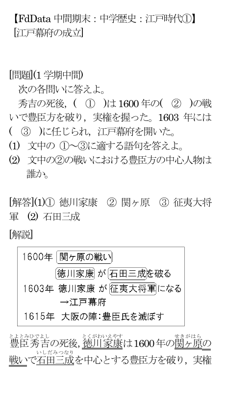 Fddata 中間期末 中学歴史 江戸時代 江戸幕府の成立 問題 1