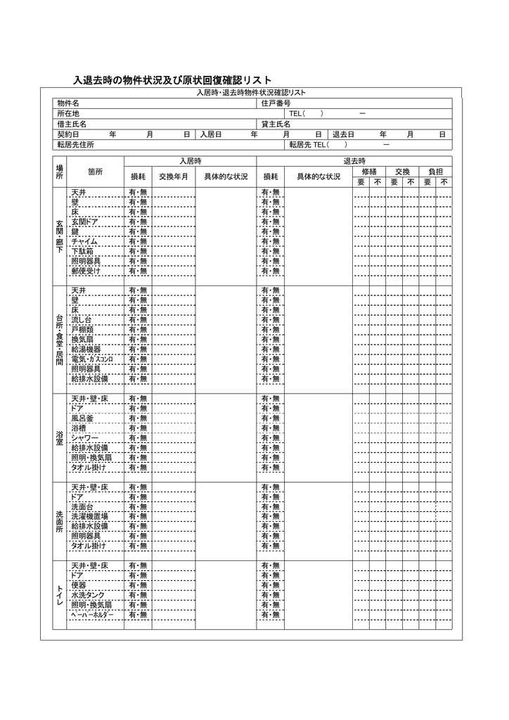入退去時の物件状況及び原状回復確認リスト