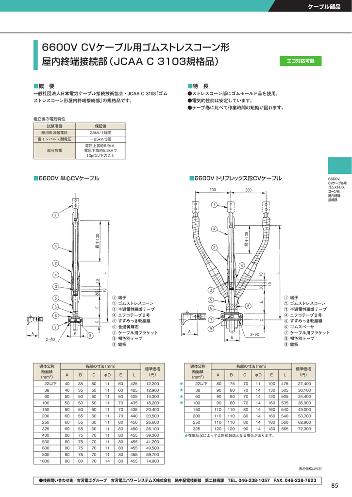 6600V CVケーブル用ゴムストレスコーン形 屋内終端接続部（JCAA C