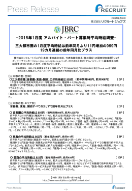 2015年 1月度 アルバイト・パート募集時平均時給調査