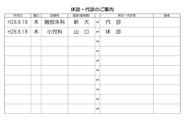 H28.8.18 木 胸部外科 新 大 ⇒ 代 診 H28.8.18 木 小児科 山 口 ⇒ 休 診