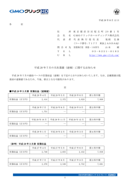 平成 28 年7月の月次業績（速報）に関するお知らせ