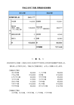 御 礼 ～ 平成28年7月度 月間会計収支報告