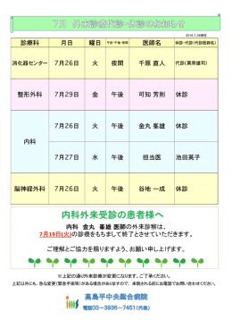 診療科 月日 医師名 火 夜間 千原  直人 整形外科 7月29日 金 午後 可知