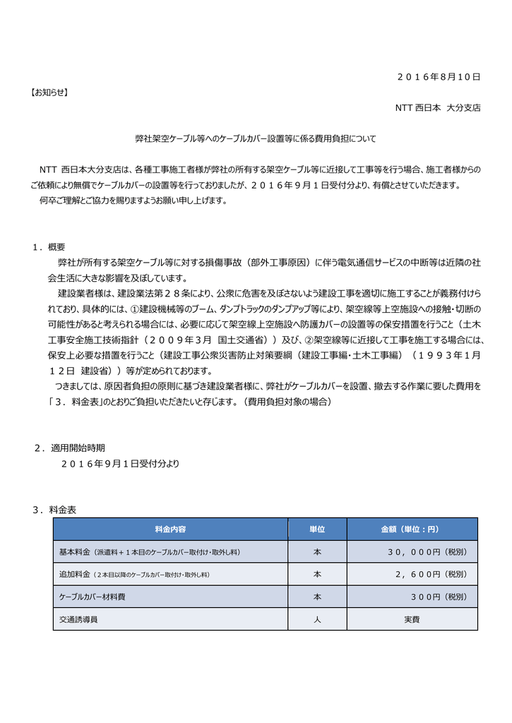 16年8月10 日 お知らせ Ntt 西日本 大分支店 弊社架空ケーブル