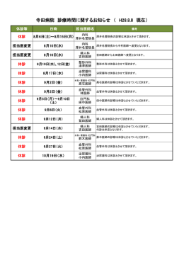 寺田病院 診療時間に関するお知らせ （ H28.8.8 現在）