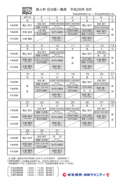 婦人科 担当医一覧表 平成28年 8月