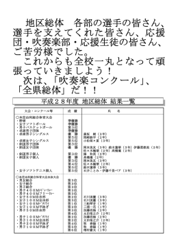 、 地区総体 各部の選手の皆さん 選手を支えてくれた皆さん、応援 、 団