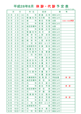 平成28年8月 休 診 ・ 代 診予 定 表