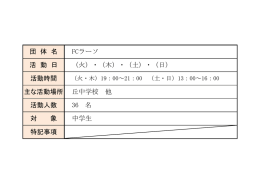 団 体 名 FCラーソ 活動人数 36 名 対 象 中学生 特記事項 活 動 日 （火