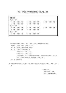 平成28年度大井町職員採用試験 2次試験合格者 受験番号 Aグループ