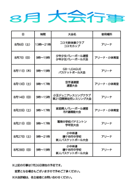 日 時間 大会名 使用場所 8月6日（土） 13時～21時 コスモ新体操クラブ