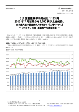 7 月度製造業平均時給は 1,113 円 2015 年 7 月以降から 1,100 円以上