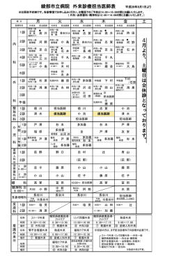 綾部市立病院 外来診療担当医師表 平成28年8月1日より 4 月 よ り 、 土