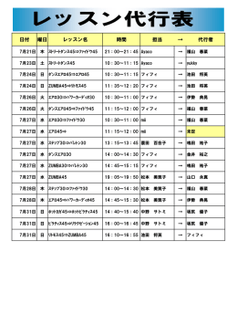 日付 曜日 レッスン名 時間 担当 &rarr; 代行者