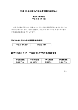 平成 28 年9月分の燃料費調整のお知らせ