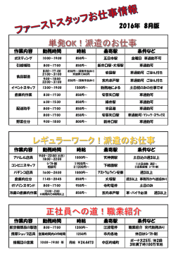 【 お仕事情報 】2016.8月度のお仕事のご紹介